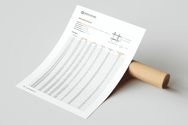 Una página detallada de la ficha técnica de la tela metálica de tejido cuadrado.