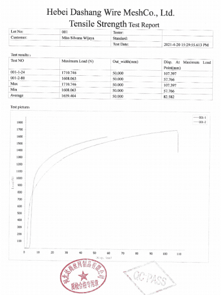 Product tensile strength test report
